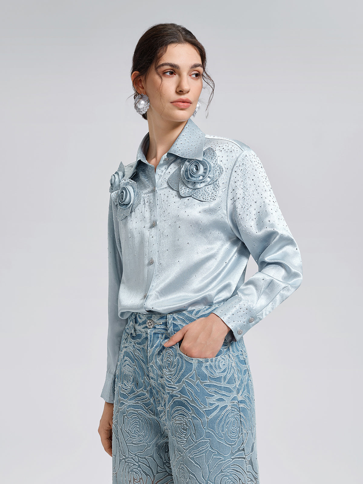 Satin Rhinestone 3D Floral Shirt