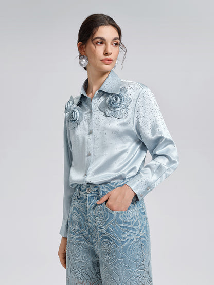 Satin Rhinestone 3D Floral Shirt