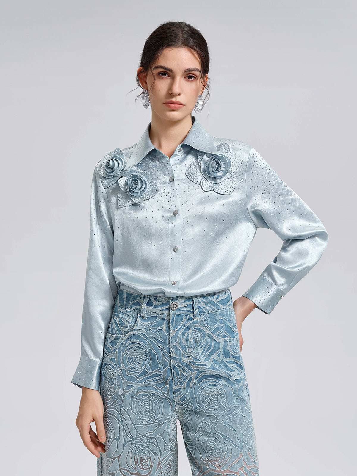 Satin Rhinestone 3D Floral Shirt