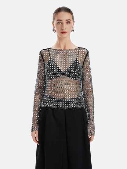 Rhinestone-Embellished Mesh Top