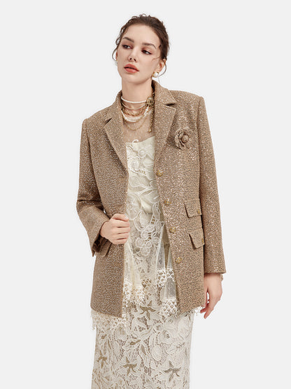 Gold Sequined Camellia Brooch Jacket