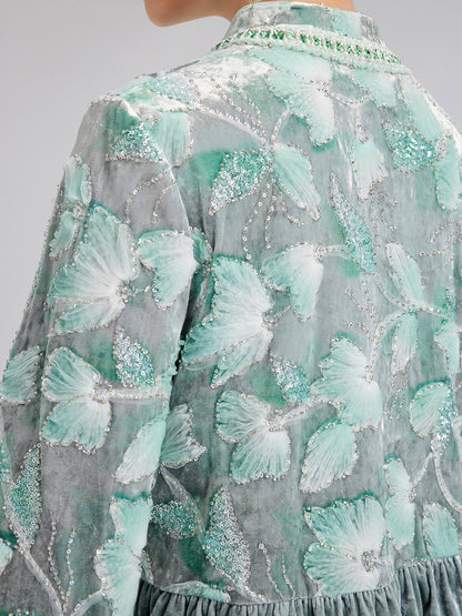 Beaded Floral Embroidered Velvet Stand Collar Jacket