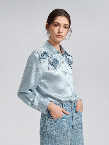 Satin Rhinestone 3D Floral Shirt