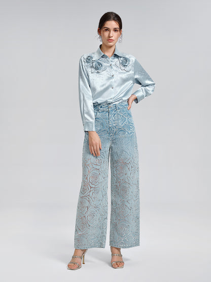 Satin Rhinestone 3D Floral Shirt