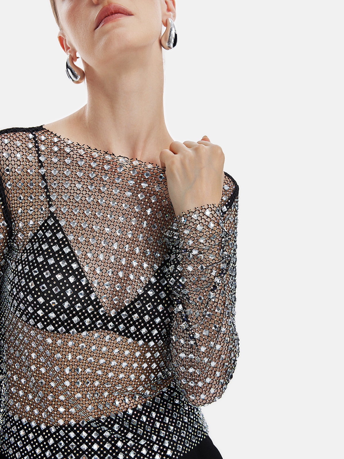 Rhinestone-Embellished Mesh Top