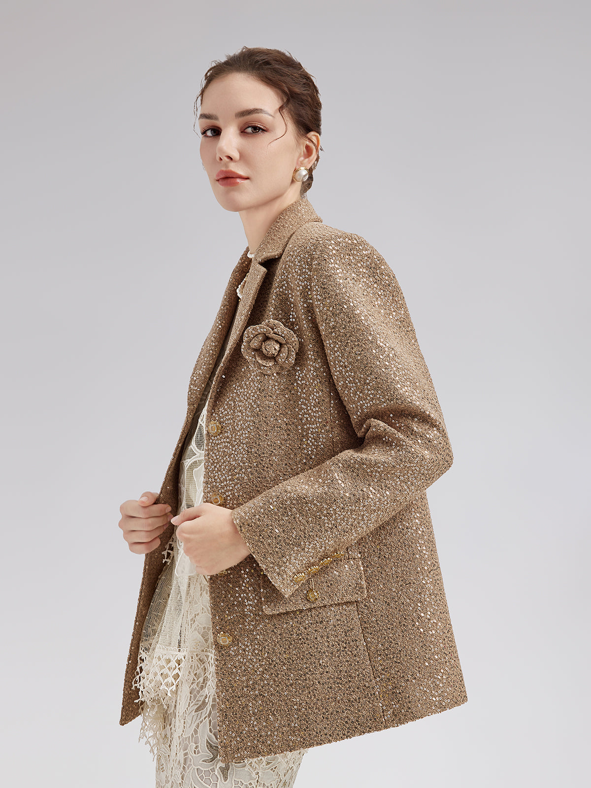 Final Sale | Gold Sequined Camellia Brooch Jacket