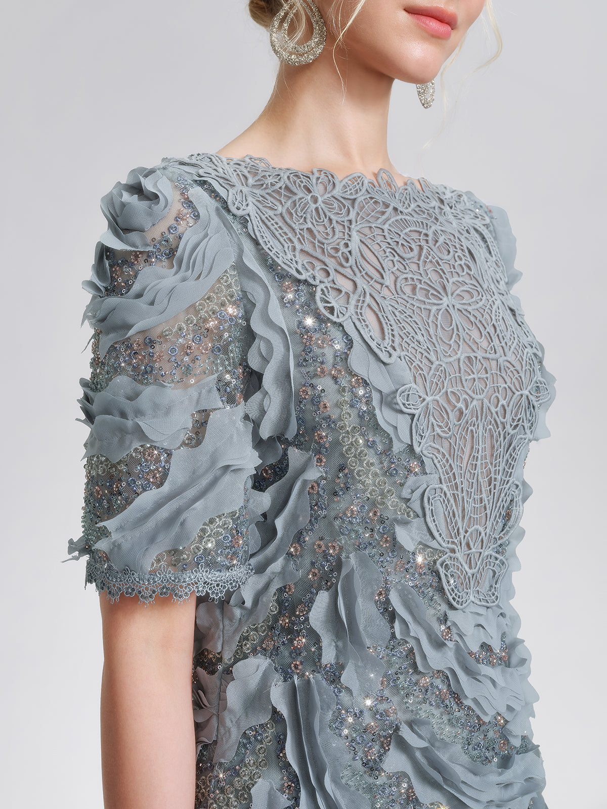 Lace Beaded Ruffle Straight Dress