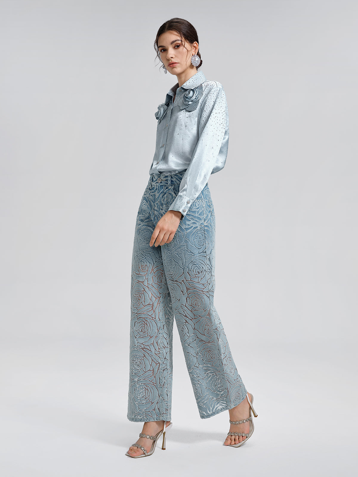 Satin Rhinestone 3D Floral Shirt