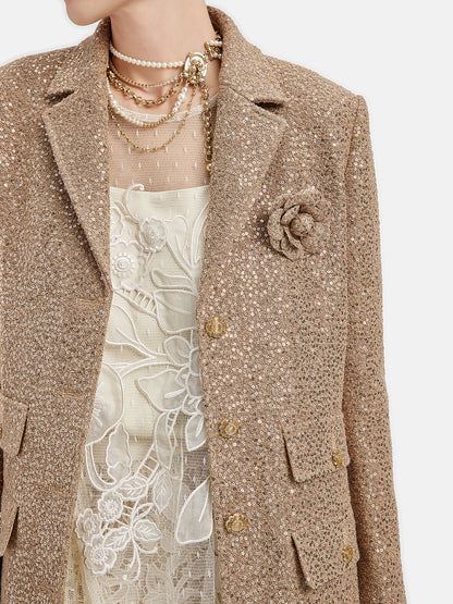 Gold Sequined Camellia Brooch Jacket