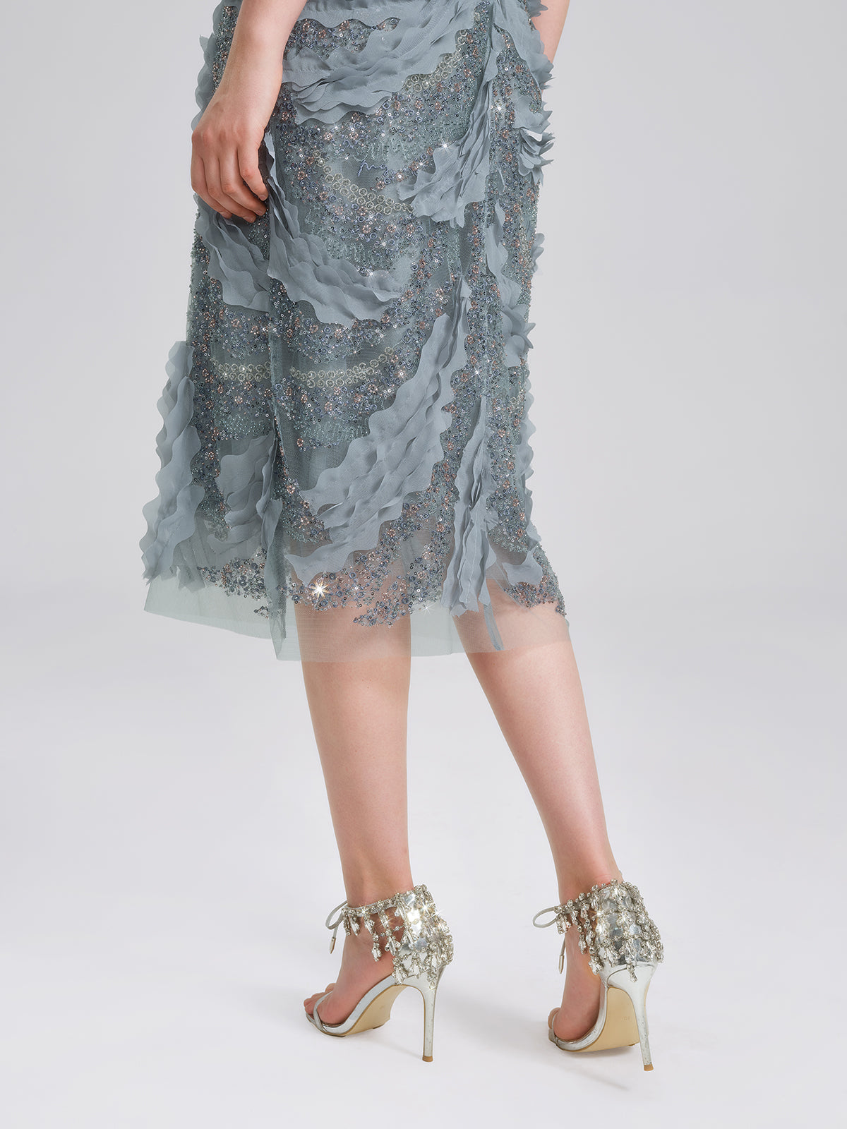 Lace Beaded Ruffle Straight Dress