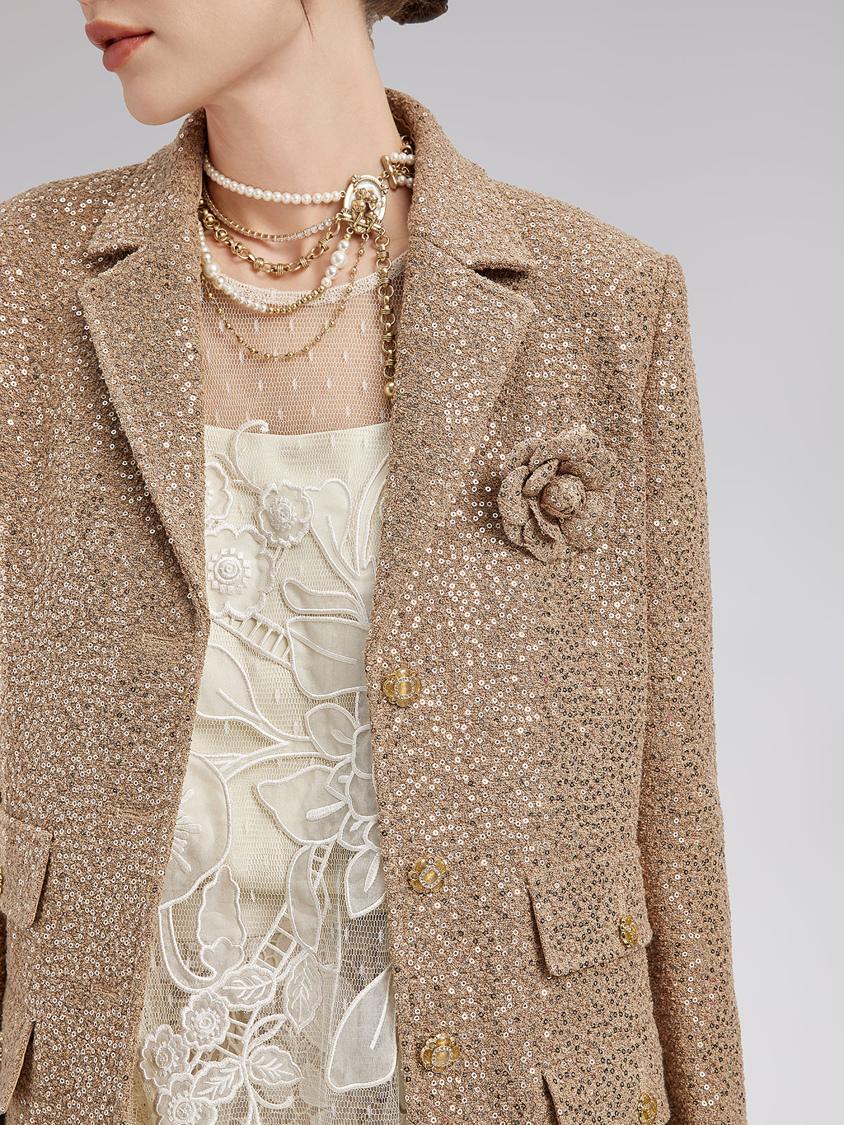 Final Sale | Gold Sequined Camellia Brooch Jacket