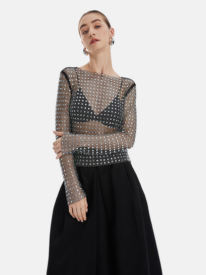 Rhinestone-Embellished Mesh Top