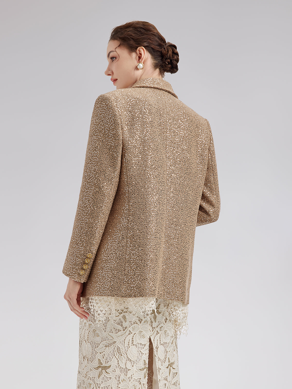 Final Sale | Gold Sequined Camellia Brooch Jacket