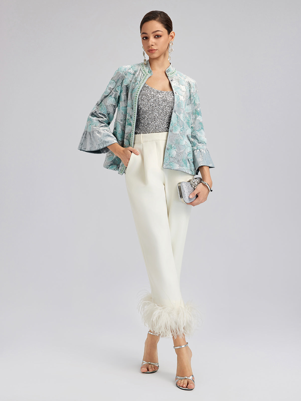 Beaded Floral Embroidered Velvet Stand Collar Jacket