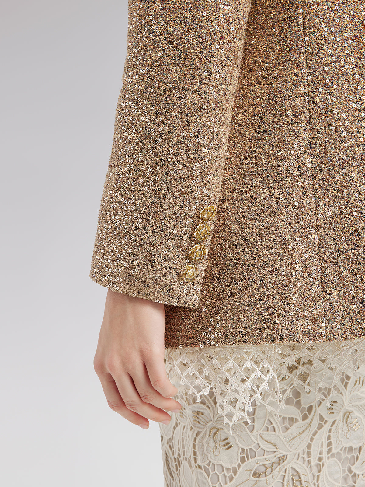 Final Sale | Gold Sequined Camellia Brooch Jacket