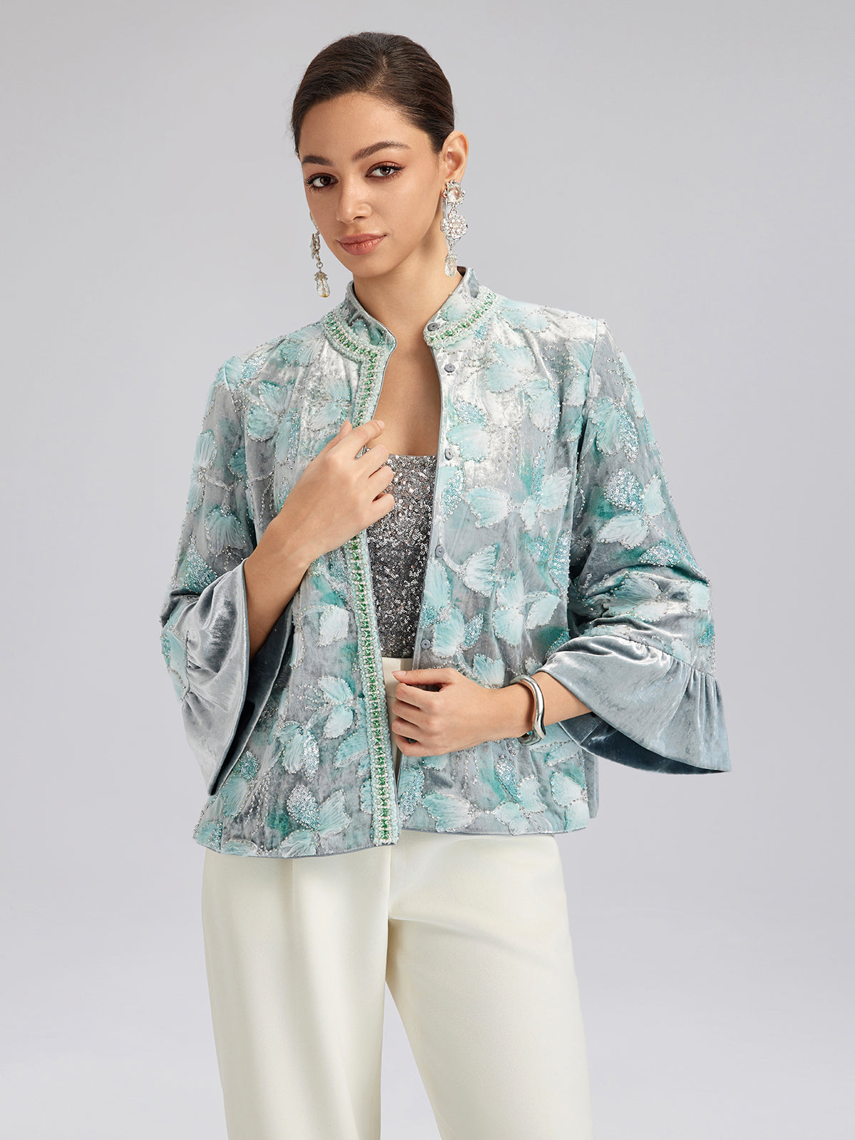 Final Sale | Beaded Floral Embroidered Velvet Stand Collar Jacket