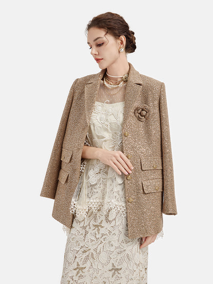 Gold Sequined Camellia Brooch Jacket