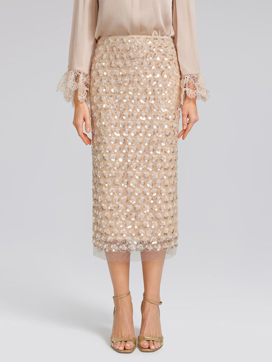 Art Floral Sequin Elastic-Waist Skirt