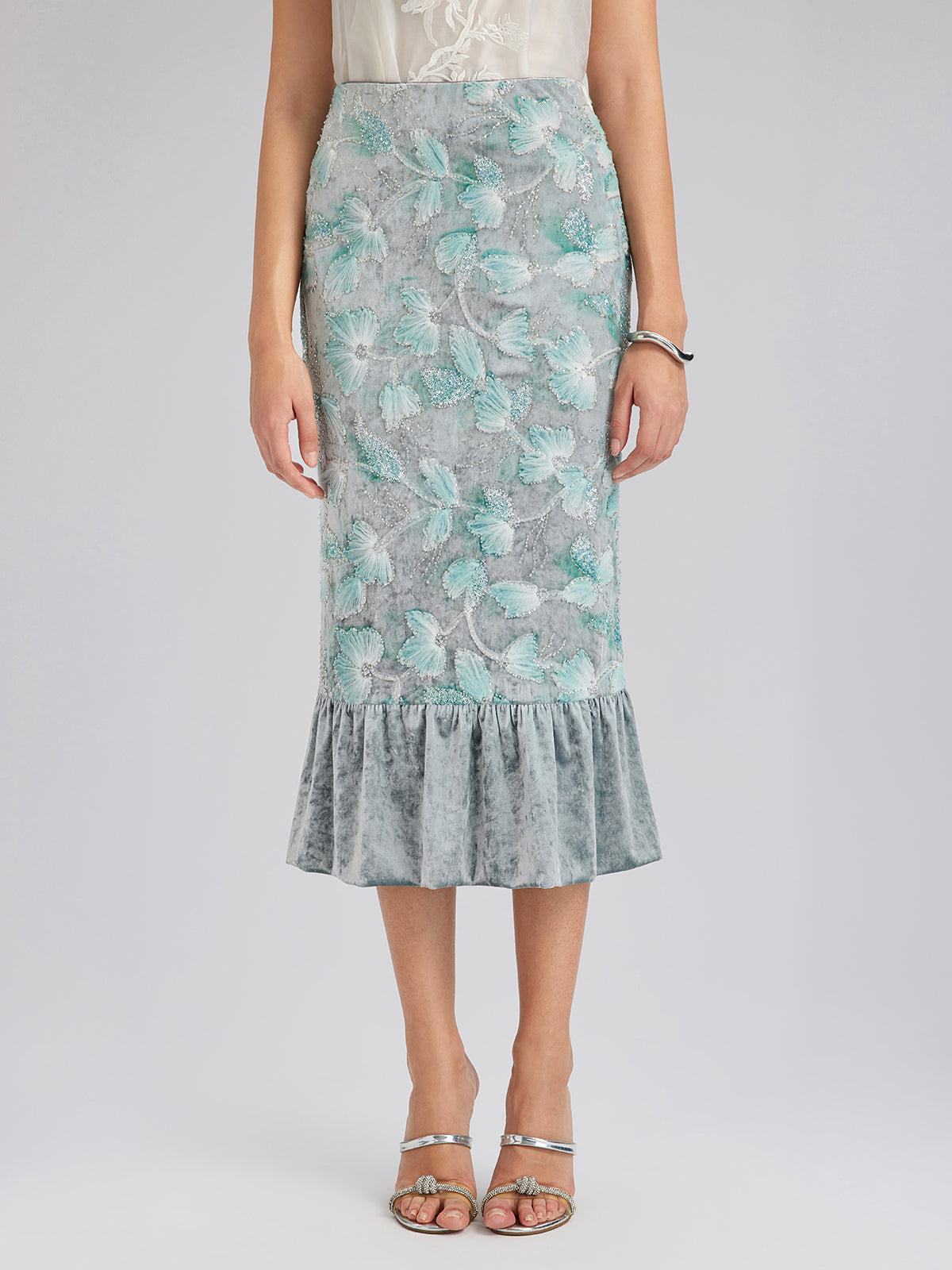 Beaded Floral Embroidered Velvet Tulip Skirt