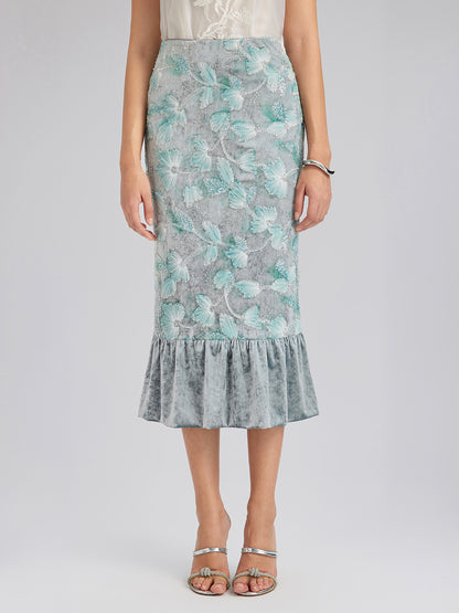 Beaded Floral Embroidered Velvet Tulip Skirt