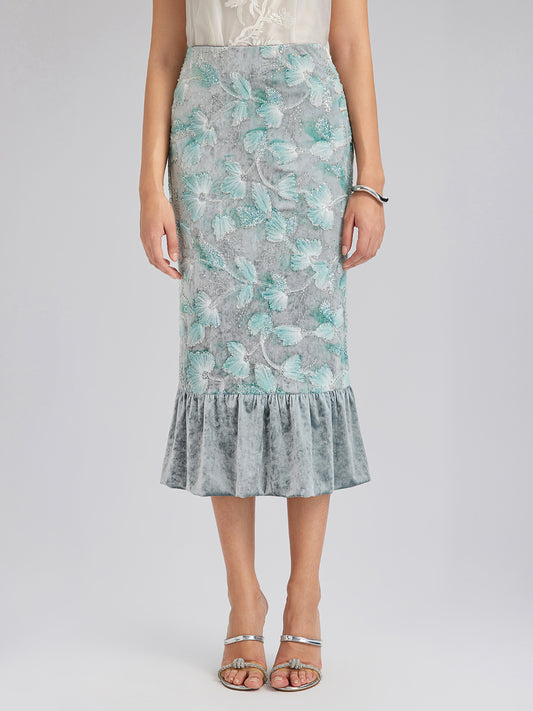 Beaded Floral Embroidered Velvet Tulip Skirt