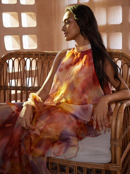 Silk Tie-Dye Off-Shoulder Vacation Top (Detachable Floral Included)