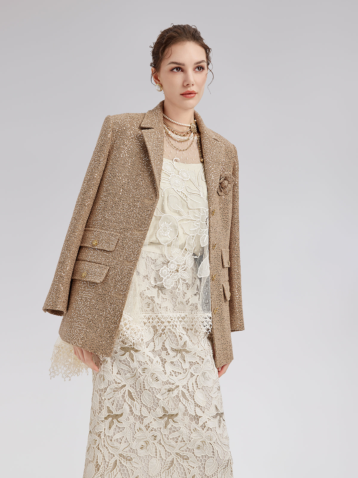 Final Sale | Gold Sequined Camellia Brooch Jacket