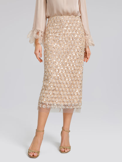 Art Floral Sequin Elastic-Waist Skirt