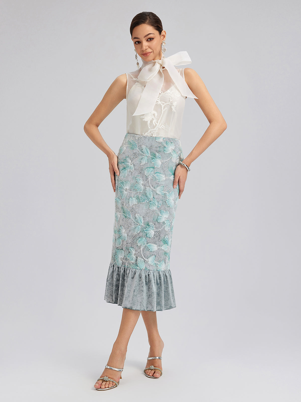 Beaded Floral Embroidered Velvet Tulip Skirt