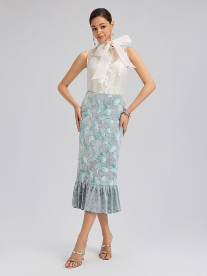 Beaded Floral Embroidered Velvet Tulip Skirt