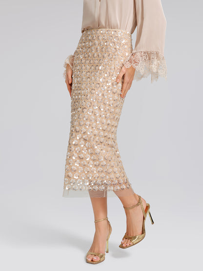 Art Floral Sequin Elastic-Waist Skirt
