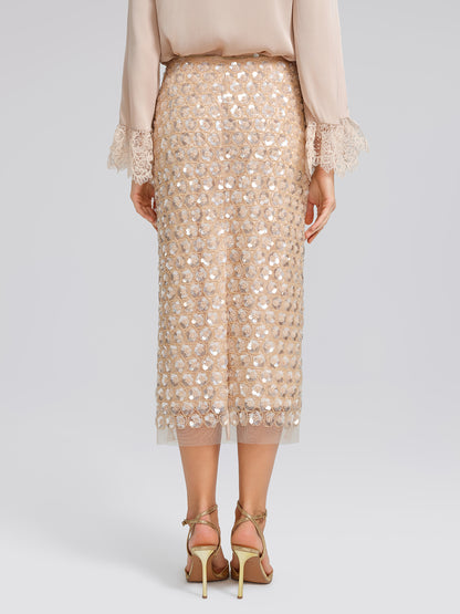 Art Floral Sequin Elastic-Waist Skirt