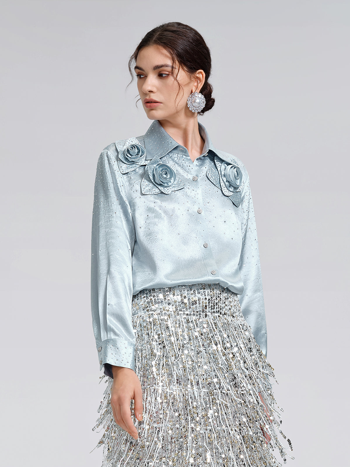 Satin Rhinestone 3D Floral Shirt