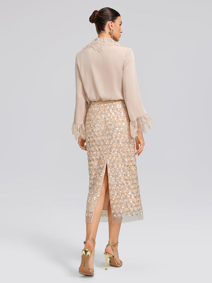 Art Floral Sequin Elastic-Waist Skirt