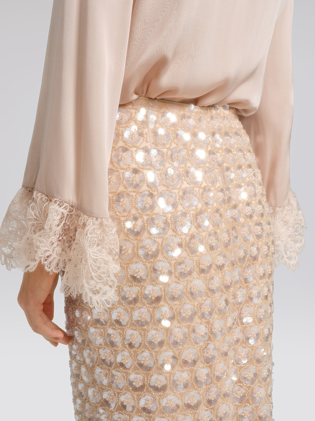 Art Floral Sequin Elastic-Waist Skirt