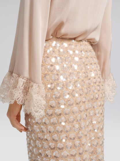 Art Floral Sequin Elastic-Waist Skirt