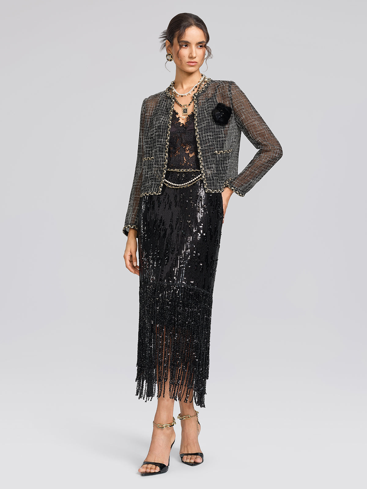 Metallic Plaid Tweed Trim Jacket