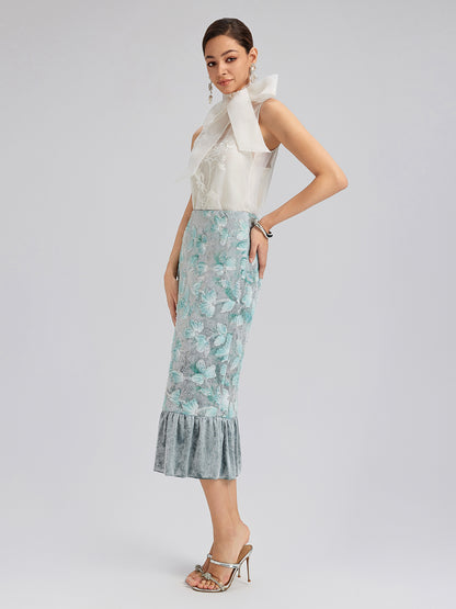 Beaded Floral Embroidered Velvet Tulip Skirt