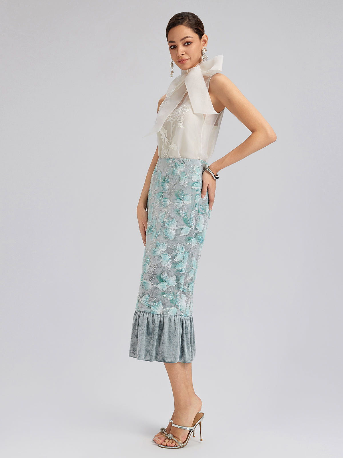 Final Sale | Beaded Floral Embroidered Velvet Tulip Skirt