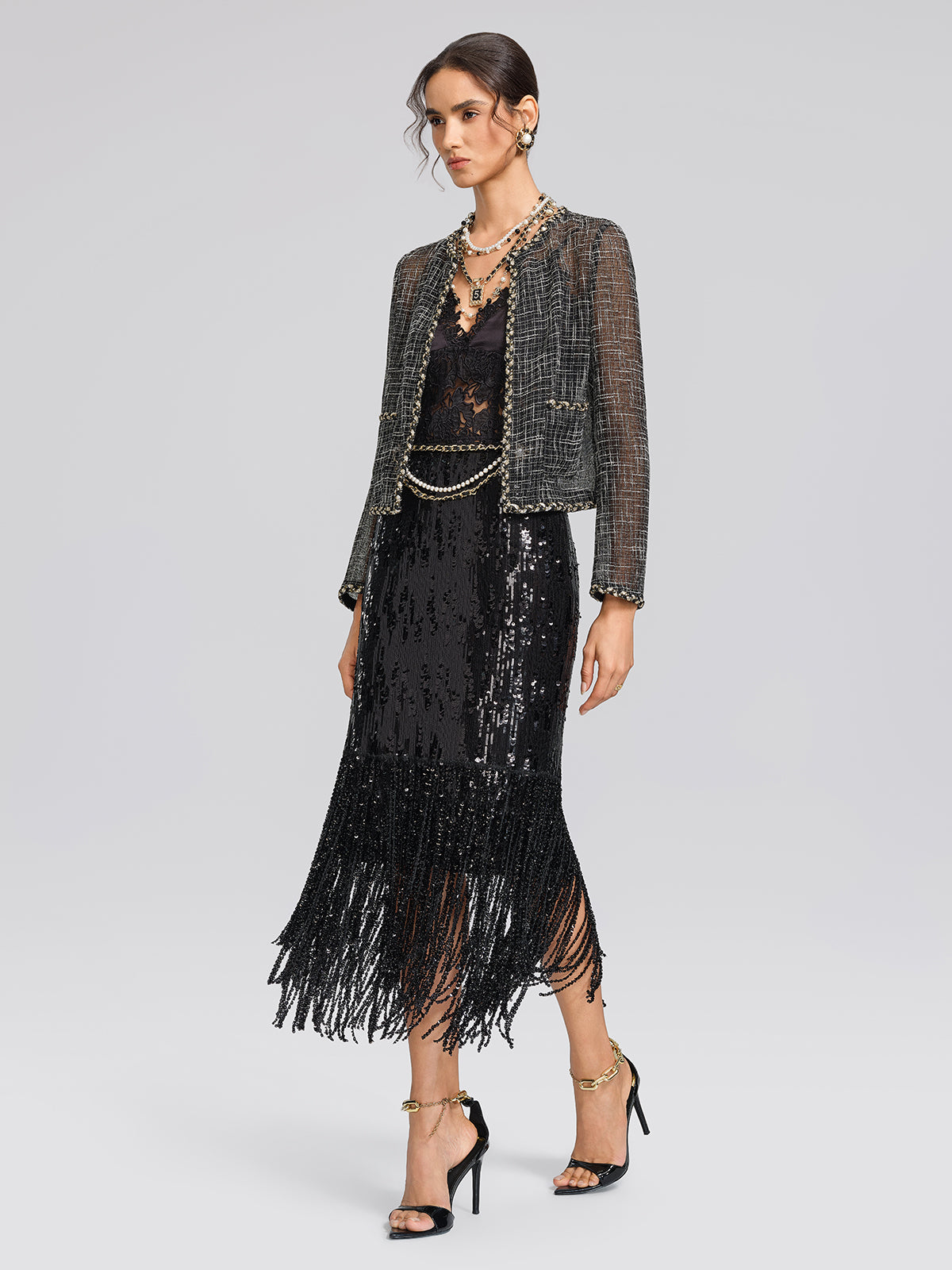 Metallic Plaid Tweed Trim Jacket