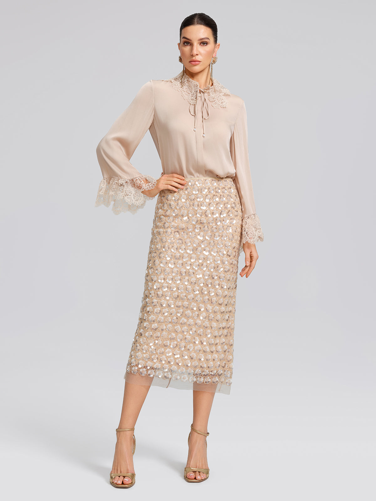 Art Floral Sequin Elastic-Waist Skirt