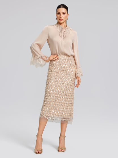 Art Floral Sequin Elastic-Waist Skirt