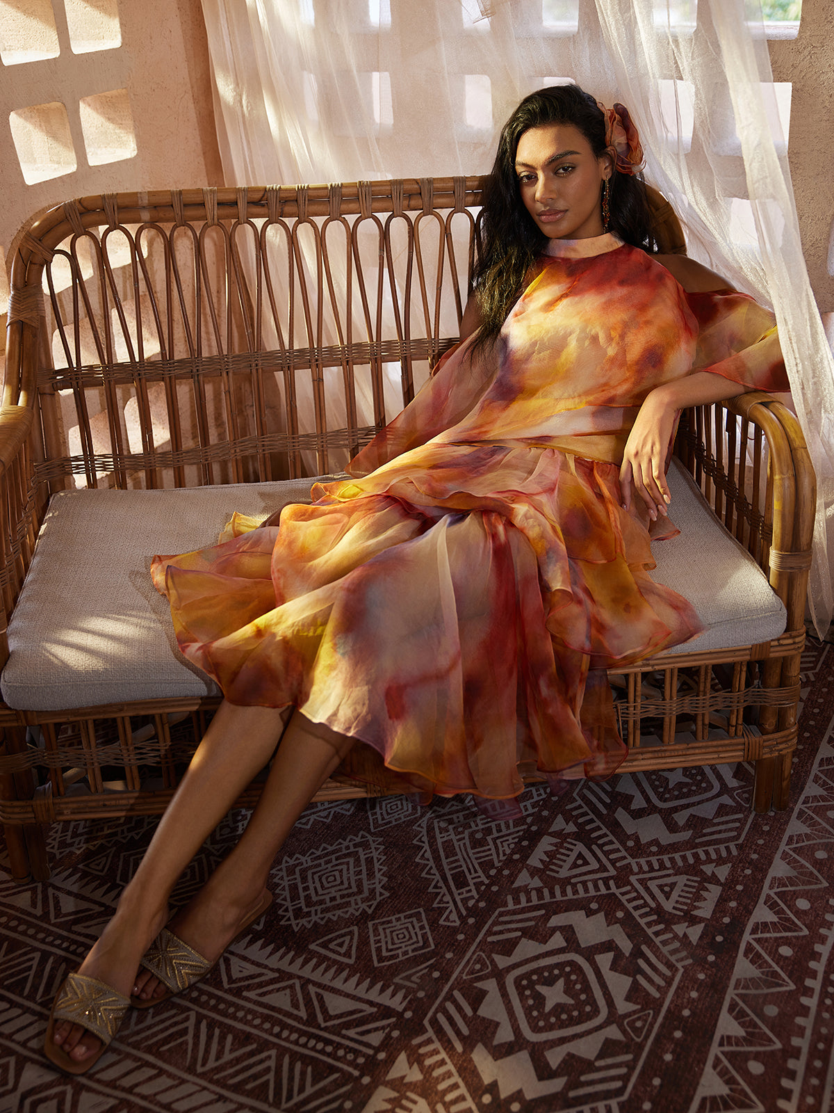 Silk Tie-Dye Ruffled Vacation Skirt