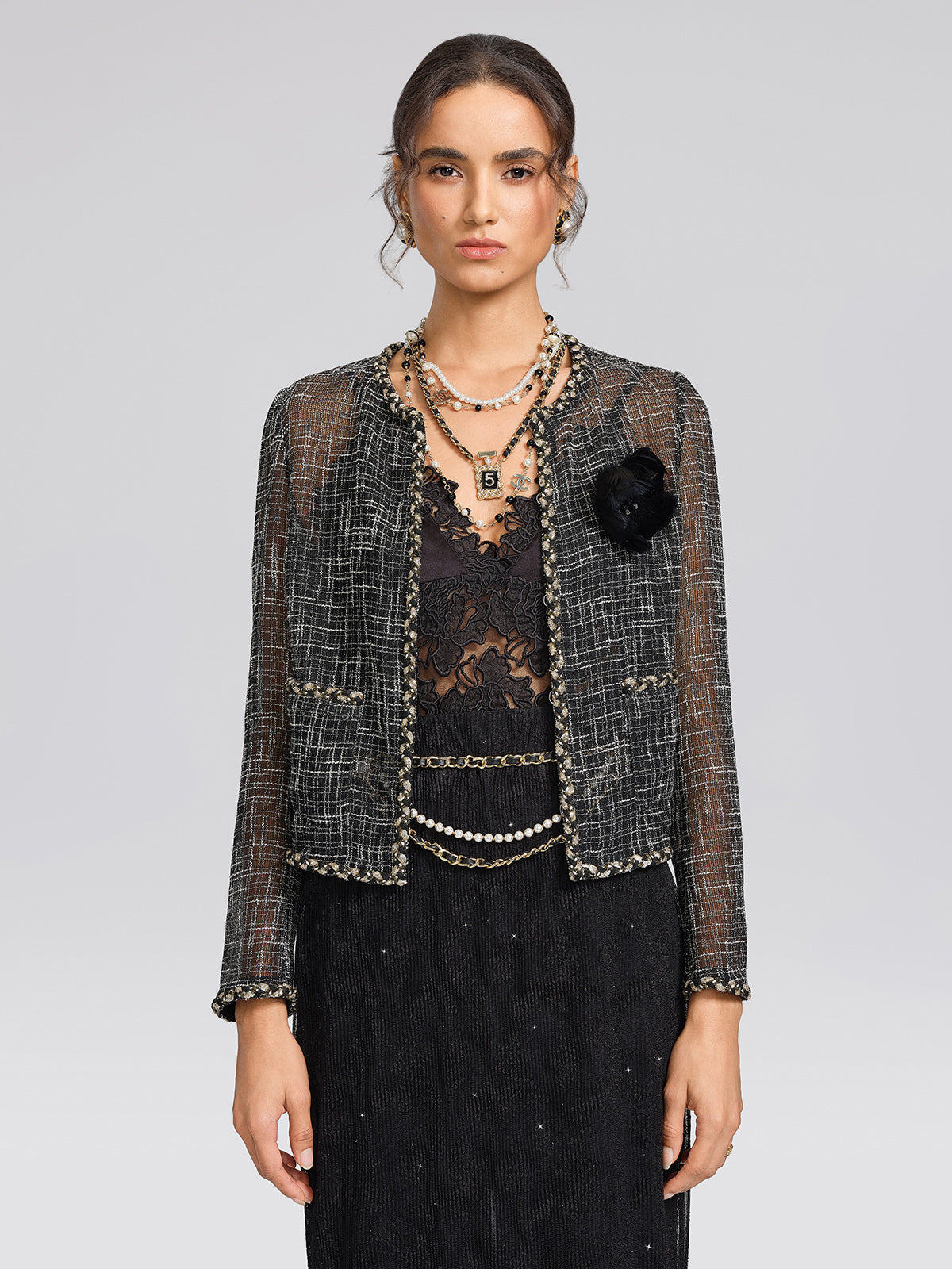 Metallic Plaid Tweed Trim Jacket