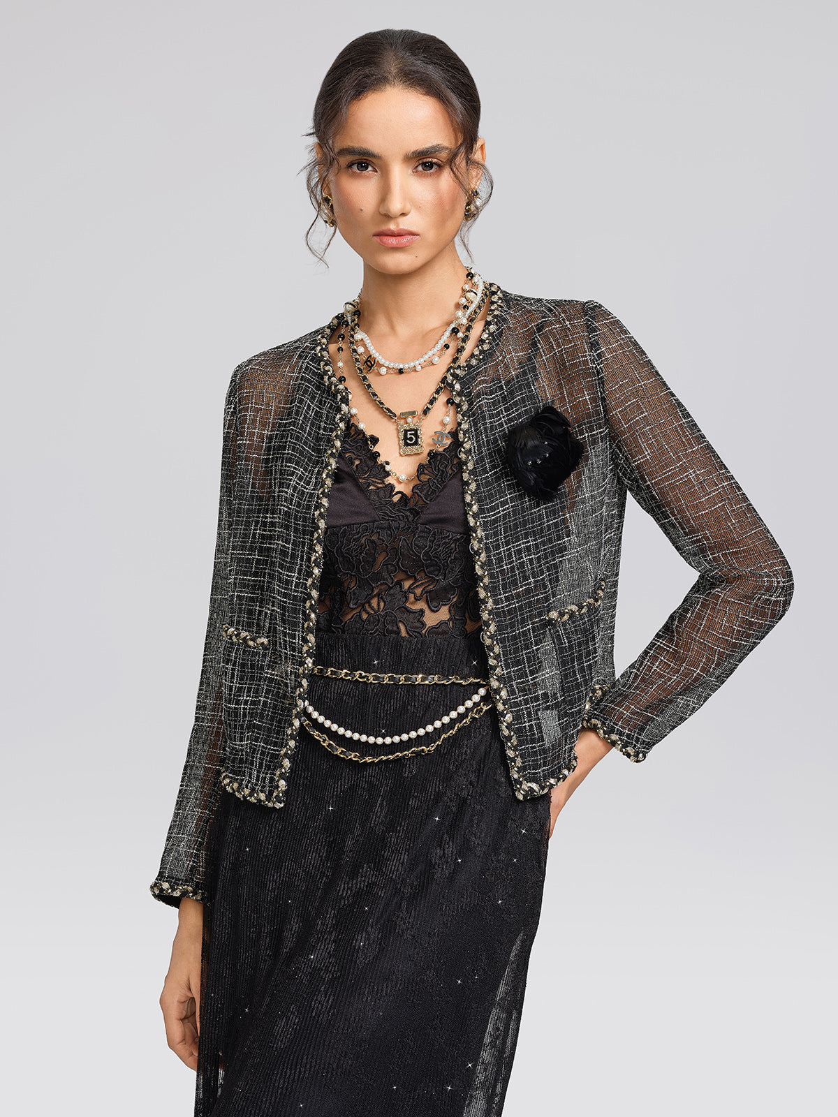 Metallic Plaid Tweed Trim Jacket
