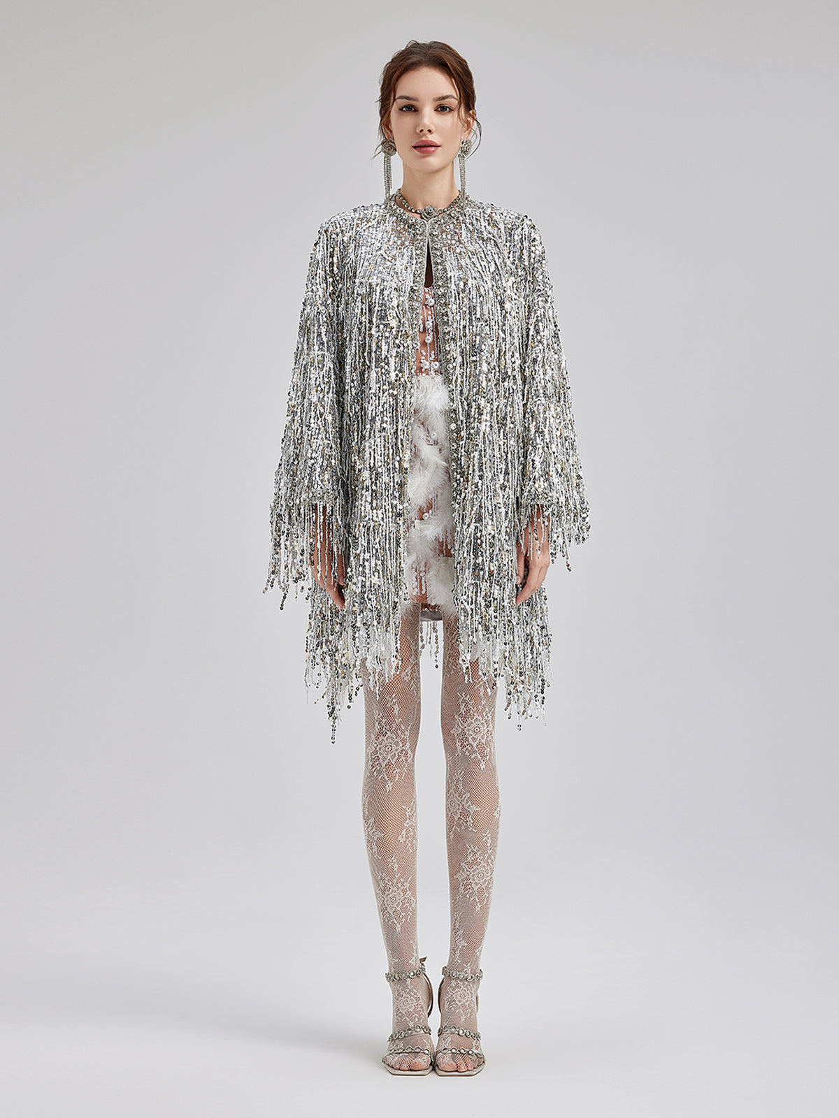 Sequin Beaded Tassel Cape Coat