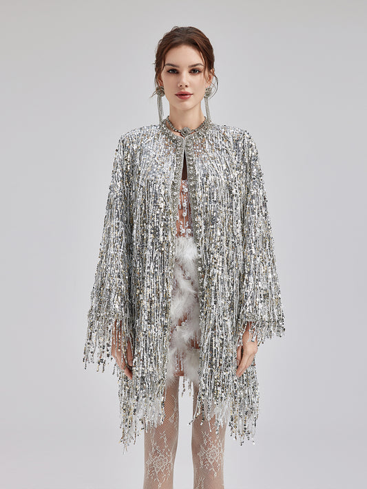 Sequin Beaded Tassel Cape Coat