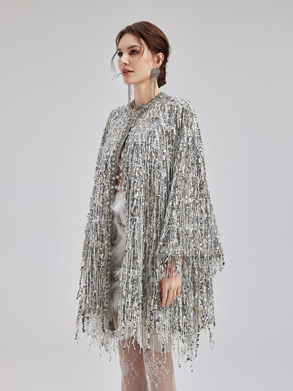 Sequin Beaded Tassel Cape Coat