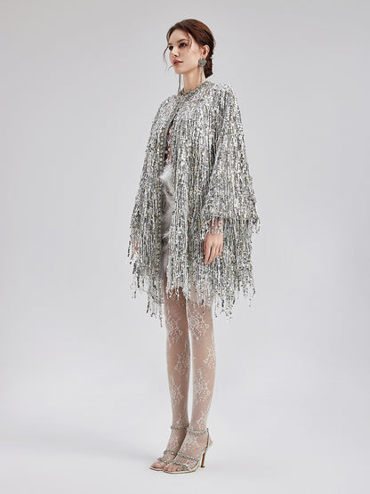 Sequin Beaded Tassel Cape Coat