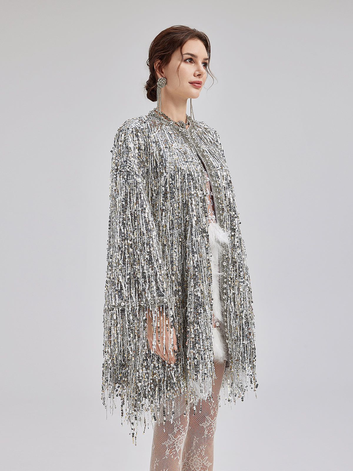 Sequin Beaded Tassel Cape Coat